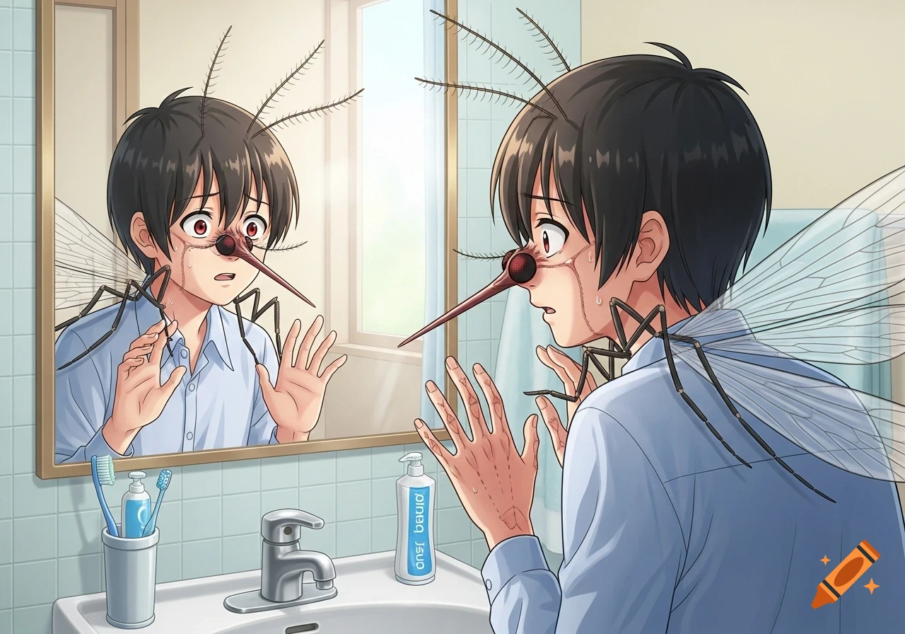 An anime boy with mosquito features including a proboscis nose, antennae, and wings, looks in a bathroom mirror with a shocked expression.