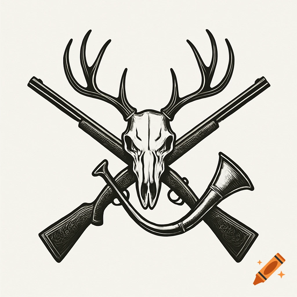 A classic hunting logo featuring a deer skull with antlers, two crossed rifles, and a hunting horn on a white background.