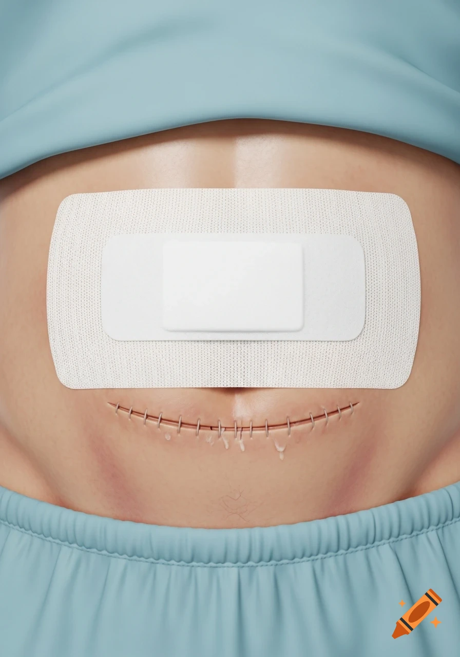 Close-up illustration of a human abdomen with a large white bandage and surgical staples below it, against a light blue hospital gown.