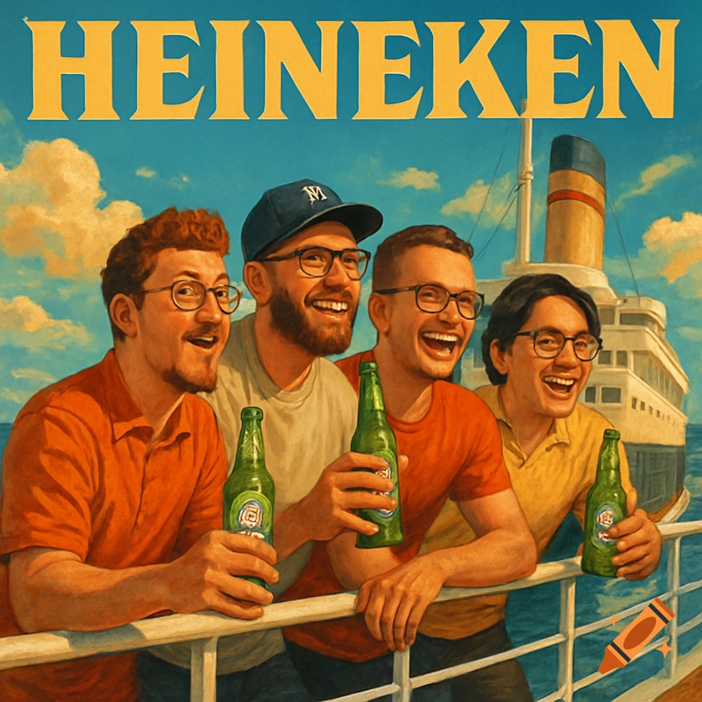 Vintage illustration of four laughing friends on a ship deck, drinking beer, with 'HEINEKEN' text above.