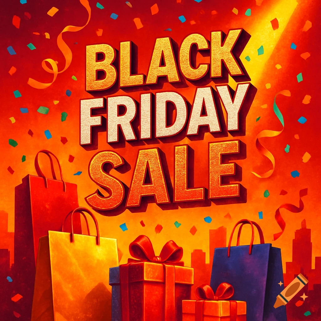 Bold 'BLACK FRIDAY SALE' text with shopping bags, gift boxes, and confetti on a vibrant red background.