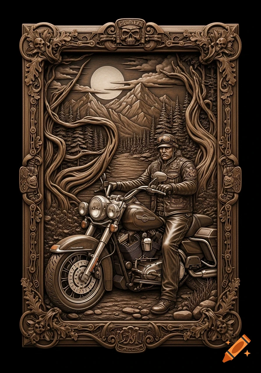 Intricate wooden bas-relief sculpture of a biker on a Harley Davidson motorcycle with an ornate carved frame featuring skulls and oak leaves, set against a mountain and moonlit sky.