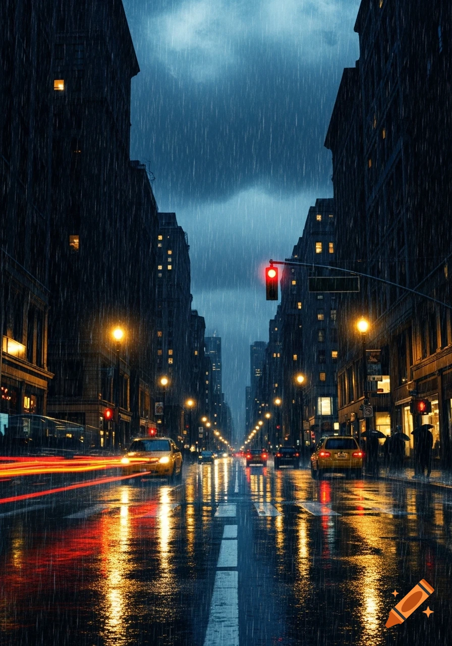 A photorealistic depiction of a busy city street at night, heavily pouring rain reflecting the lights of cars and buildings.