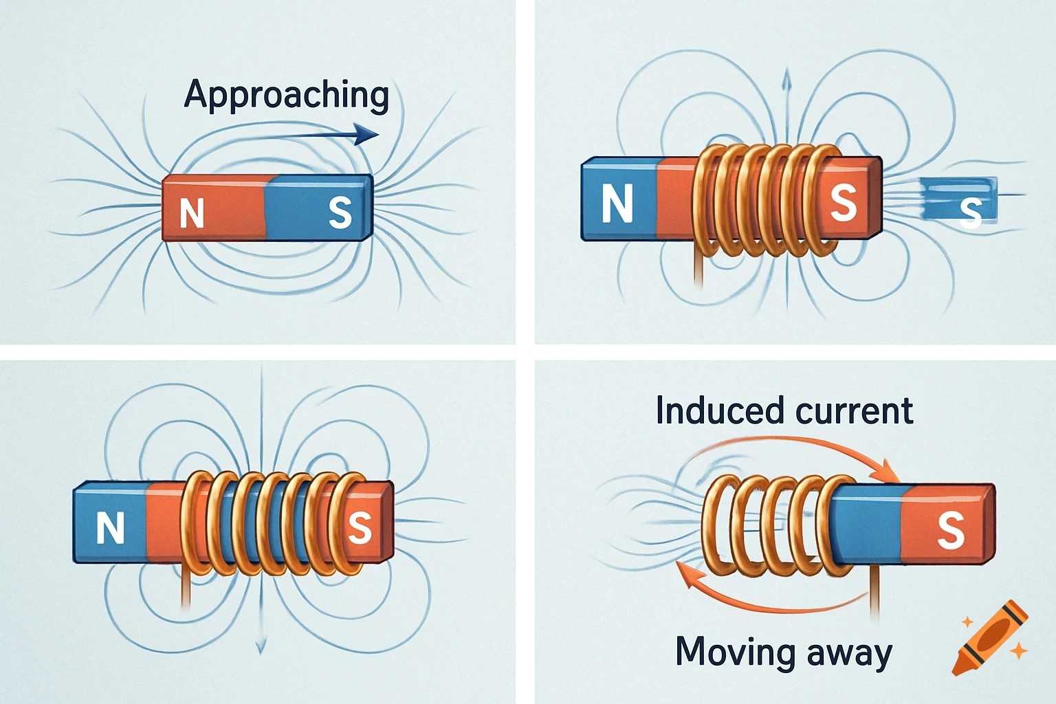 A four-panel scientific diagram illustrating electromagnetic induction with a magnet, coil, magnetic field lines, and induced current.