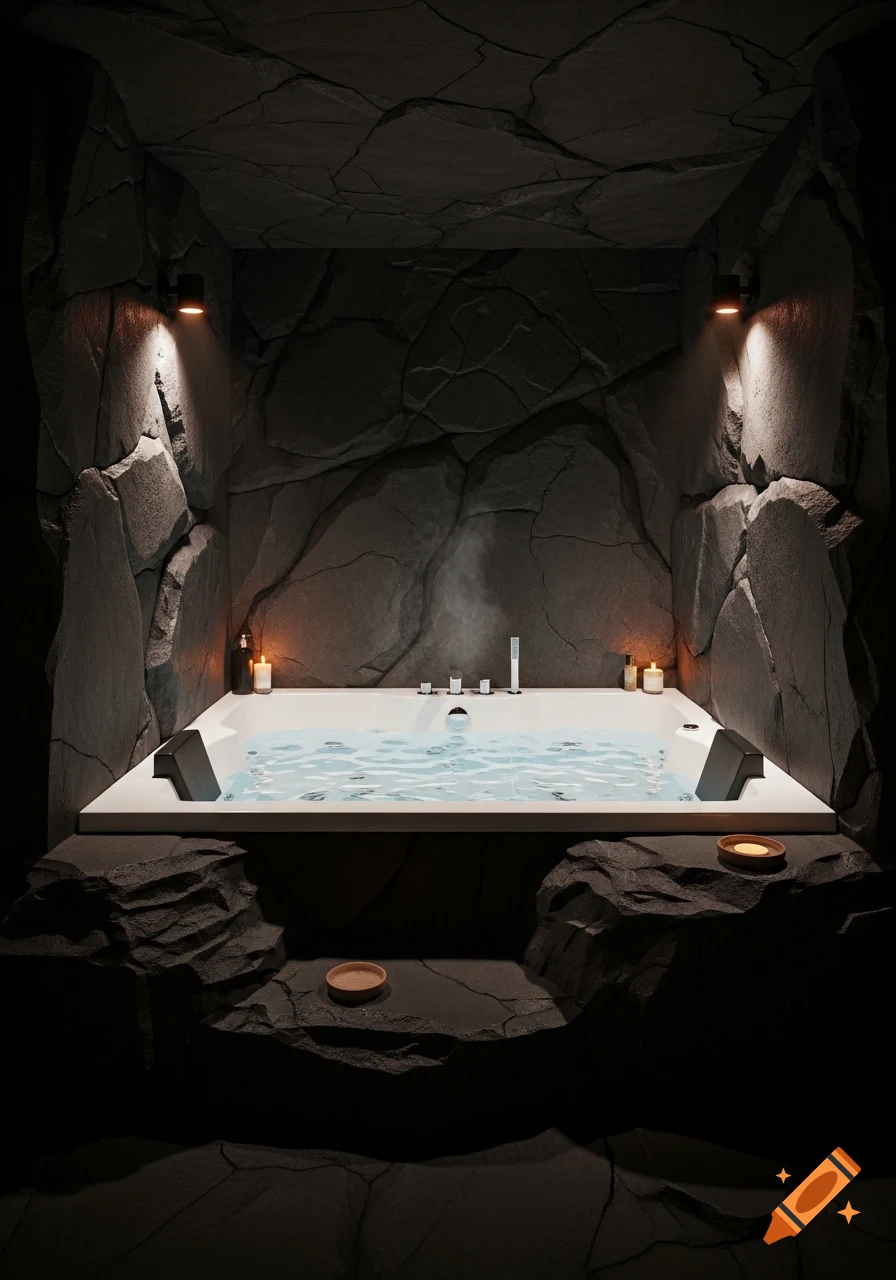 Photorealistic image of a white jacuzzi tub with bubbly water in a dark, cave-like room with textured rock walls and warm lighting from sconces and candles.