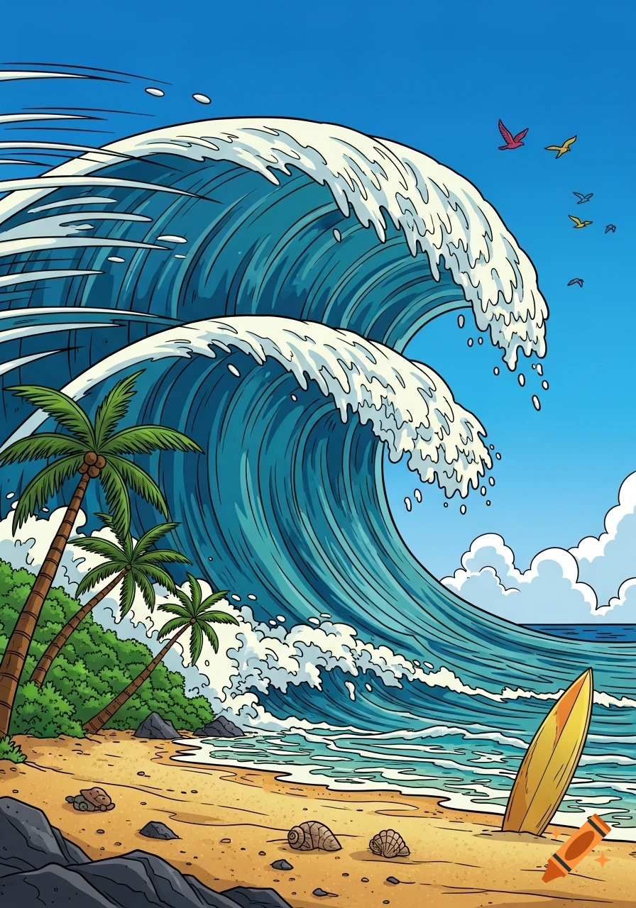Comic book illustration of a massive blue wave crashing on a sandy tropical beach with palm trees, a yellow surfboard, and birds flying.