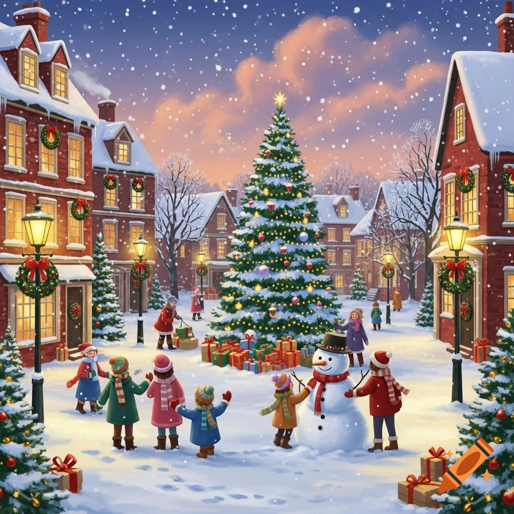 Children play around a snowman and a large decorated Christmas tree in a snowy, festive village square, in an illustrated style.