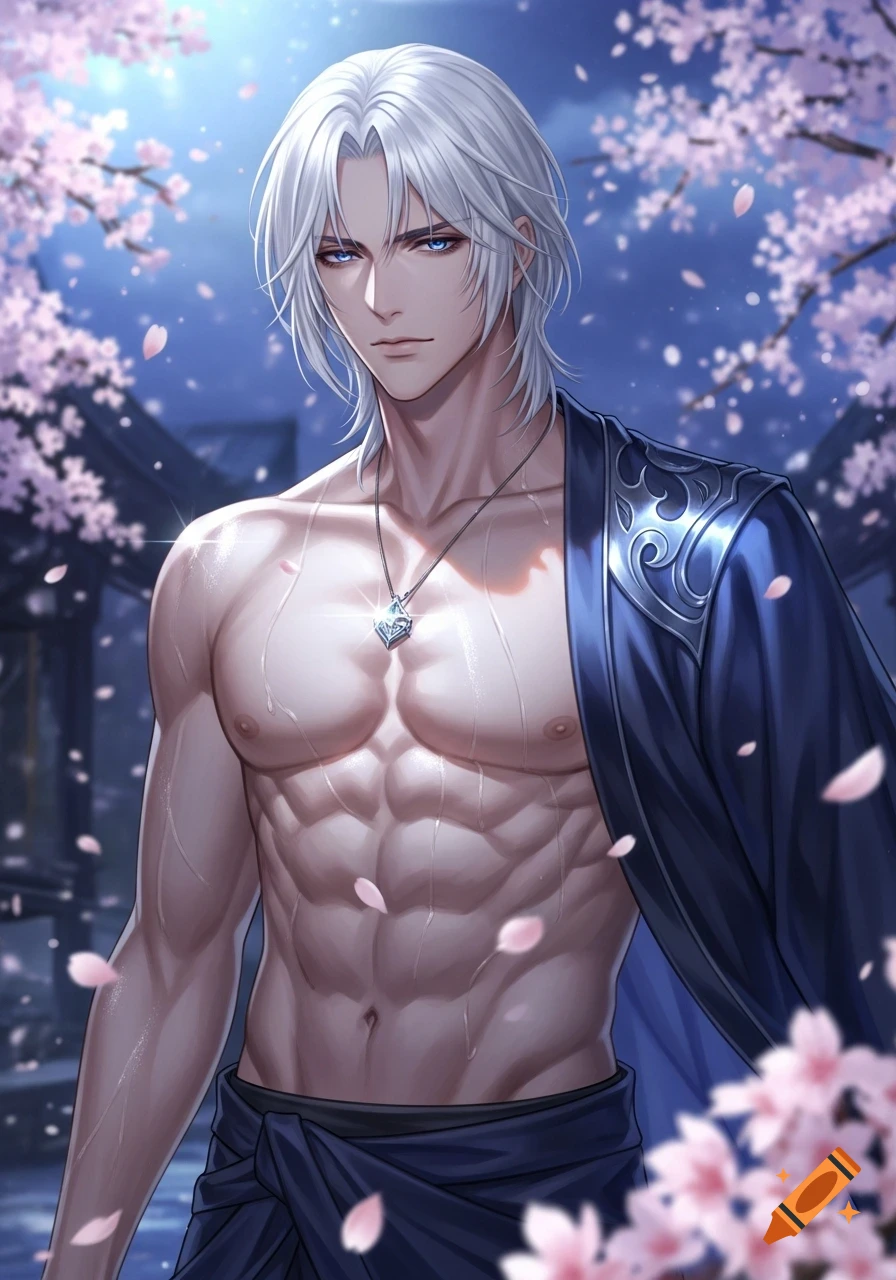 Muscular anime man with white hair, blue eyes, and wet skin, wearing a dark robe, standing amidst falling cherry blossoms at night.