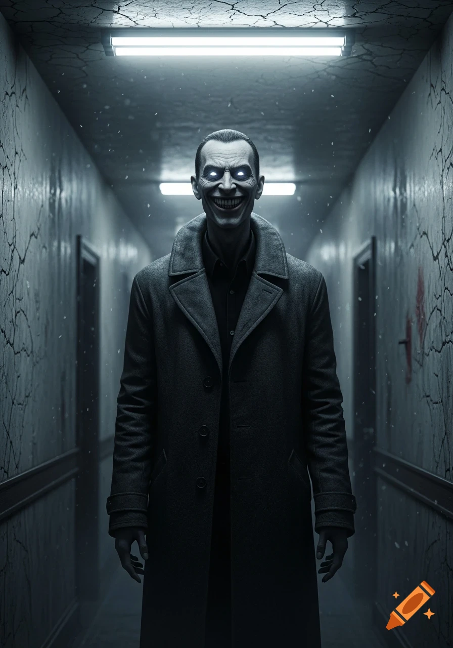 A grinning, pale-faced man with glowing white eyes and a dark coat stands in a creepy, cracked hallway under fluorescent lights.