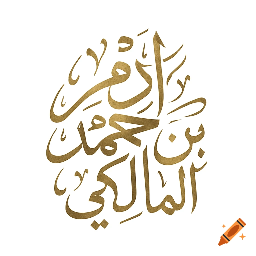 Golden Arabic calligraphy of the name "Adam bin Muhammad Al-Maliki" styled as a decorative logo on a white background.