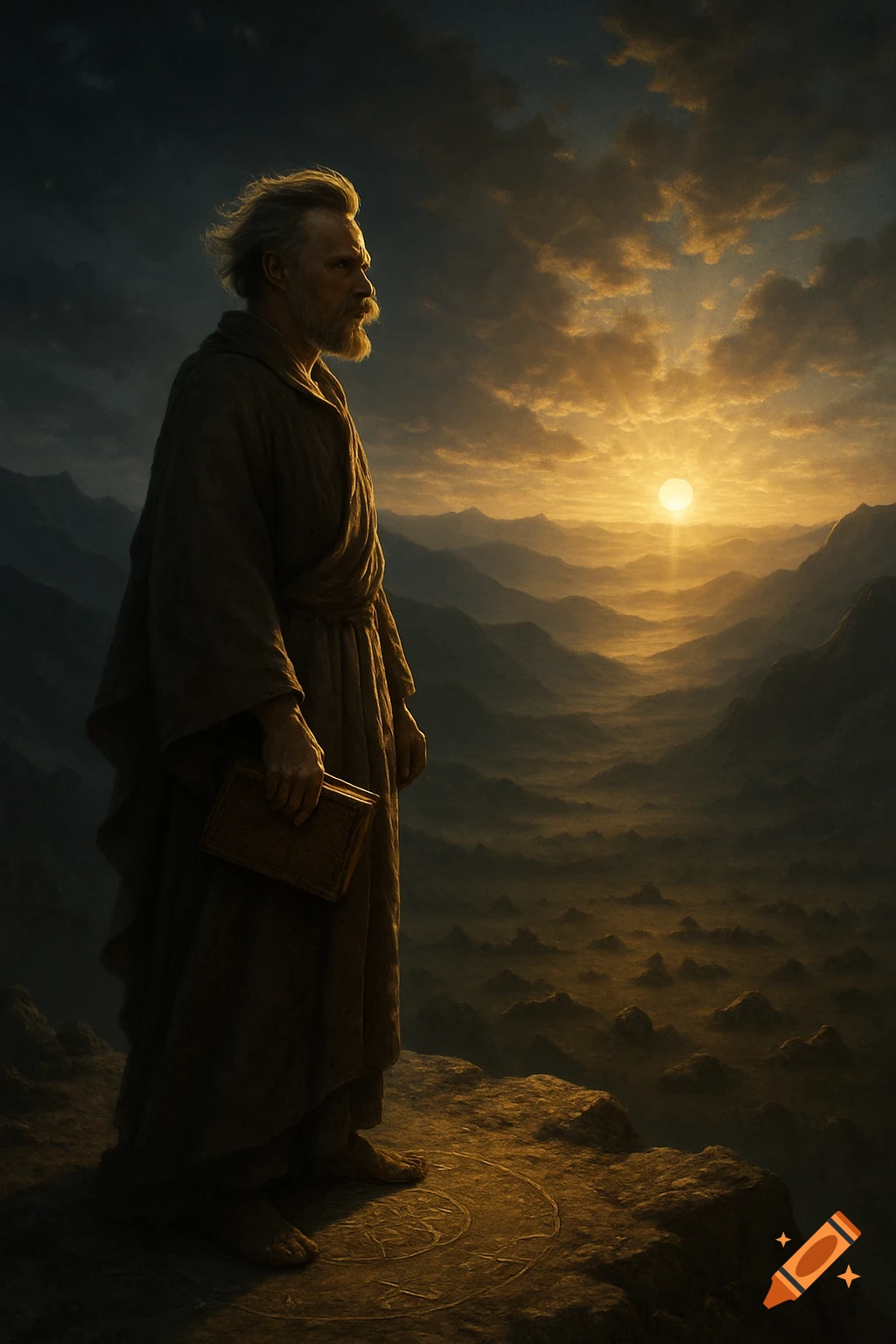 A solitary philosopher in robes stands on a mountain peak at sunrise, holding a book, overlooking a vast, misty valley.