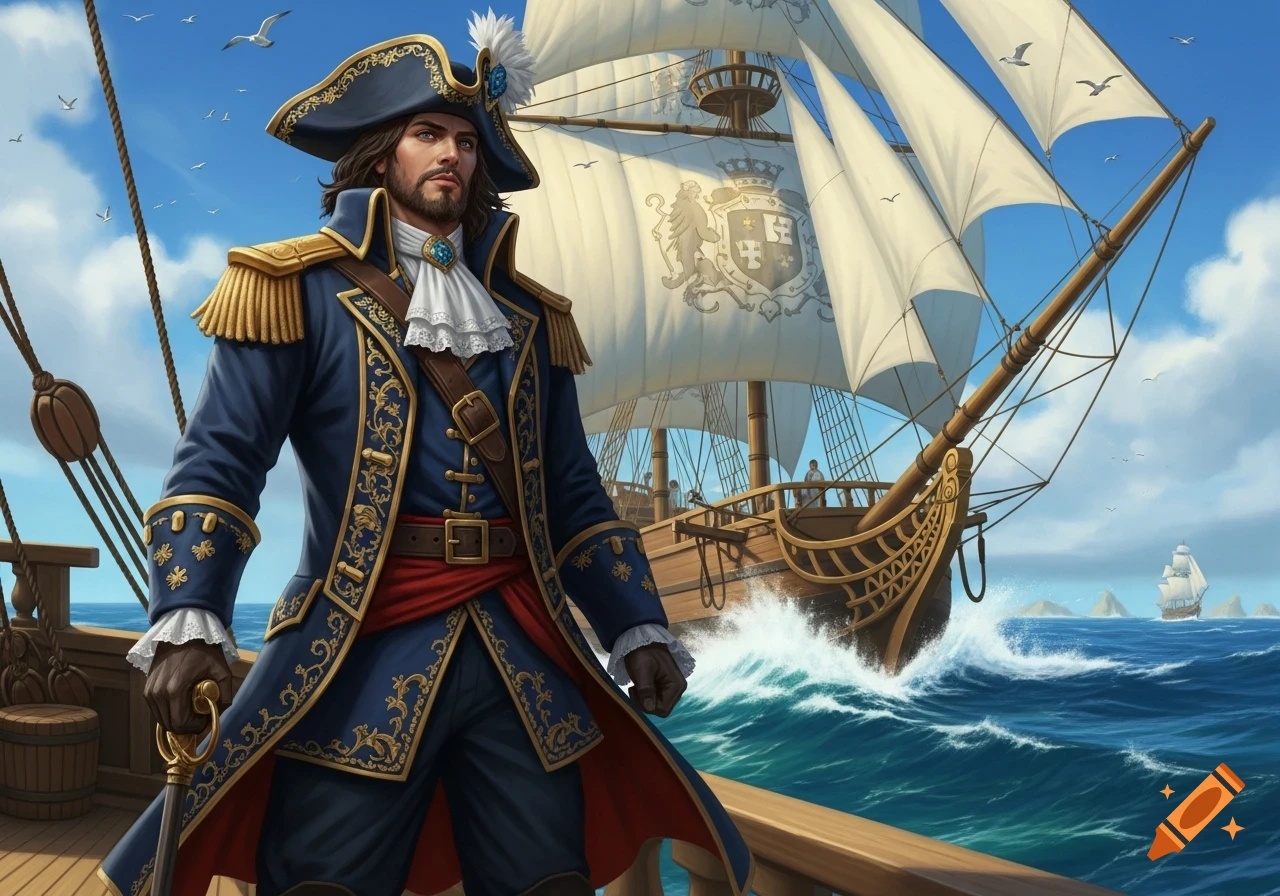 A handsome pirate captain in a blue and gold coat stands on the deck of a large sailing ship at sea under a blue sky.