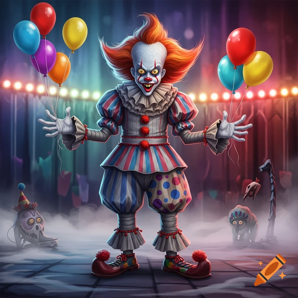 A creepy cartoonish clown with bright red hair, white face paint, and a colorful, ruffled suit holds balloons in a foggy, dark circus setting.