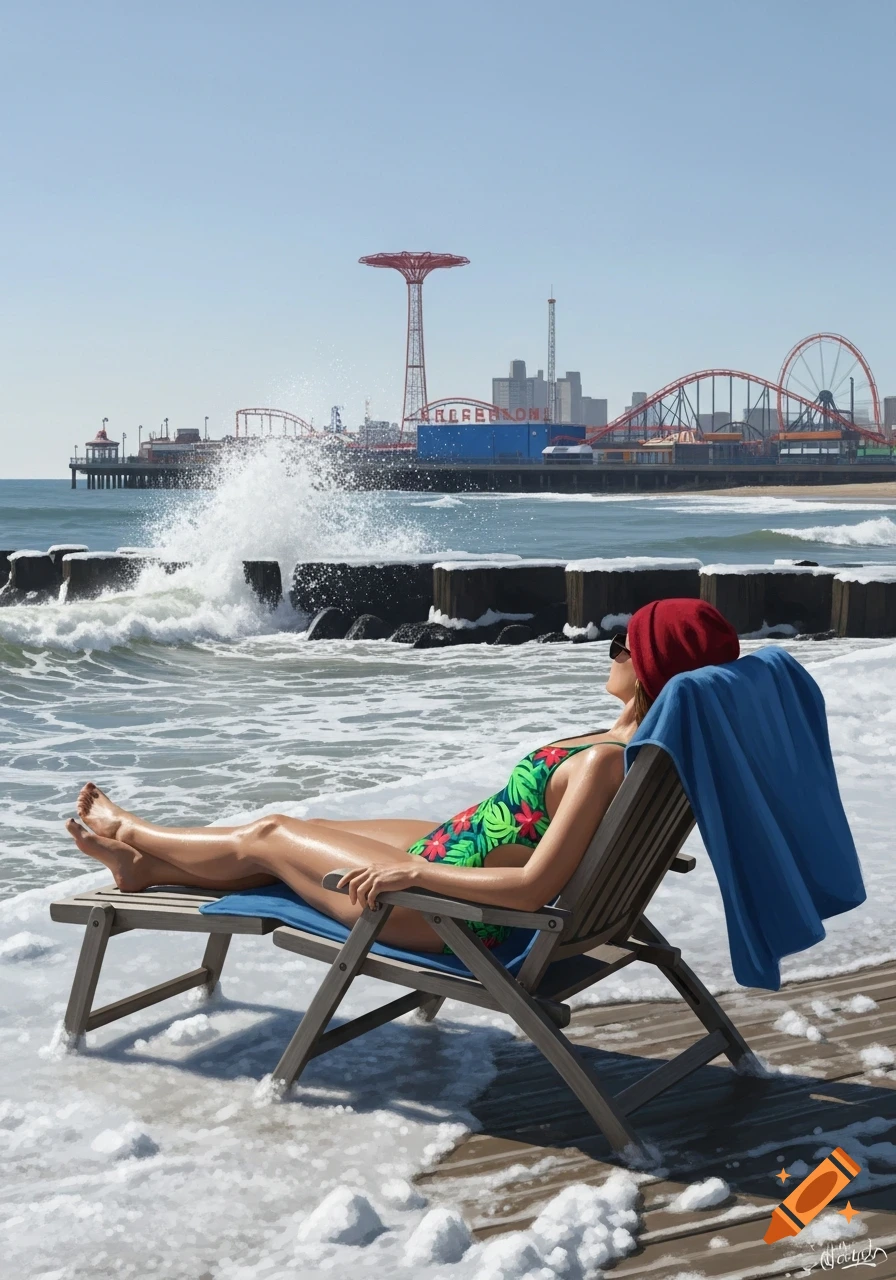 A woman in a colorful swimsuit sunbathes on a snowy beach chair, facing an amusement park skyline and ocean.