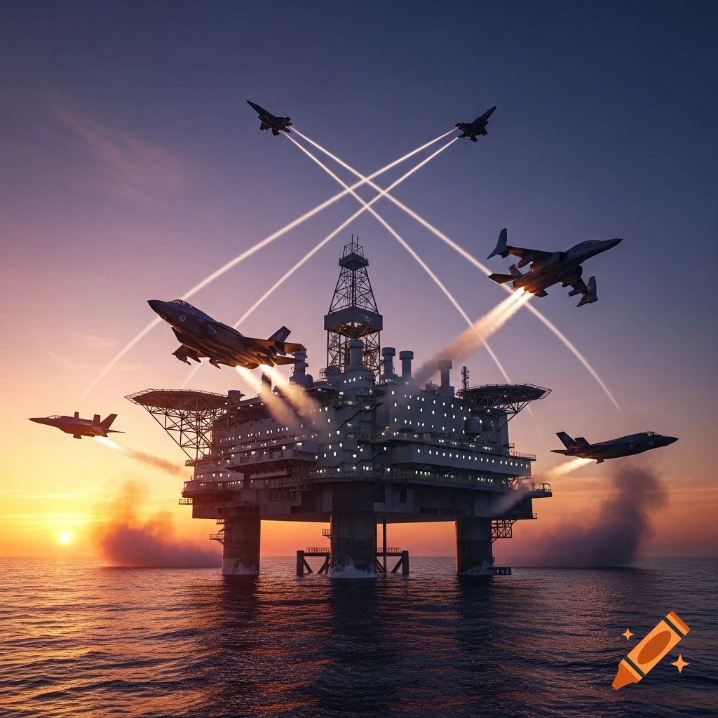Photorealistic image of F-35 and VTOL fighter jets flying around a large military-converted oil rig at sunset.