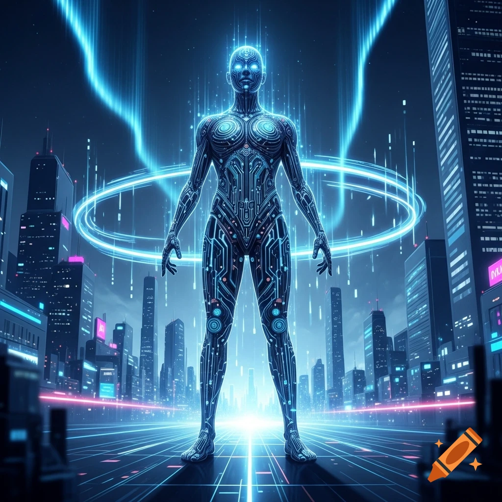 A glowing, circuit-patterned humanoid figure stands in a futuristic cyberpunk city with neon lights and tall buildings.