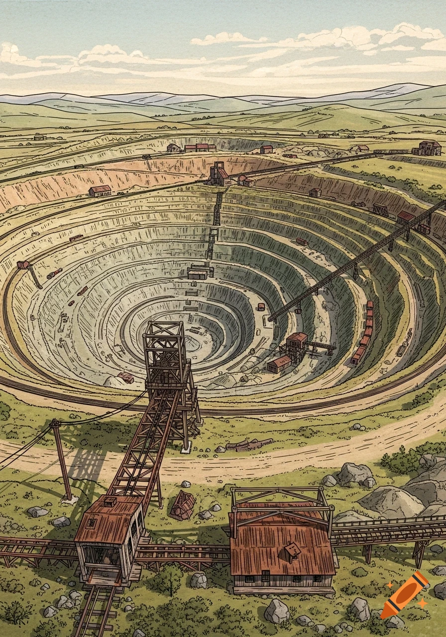 An illustration of a vast open-pit mine with terraced rings, industrial structures, and a rusted tramway in the foreground, under a pale sky.
