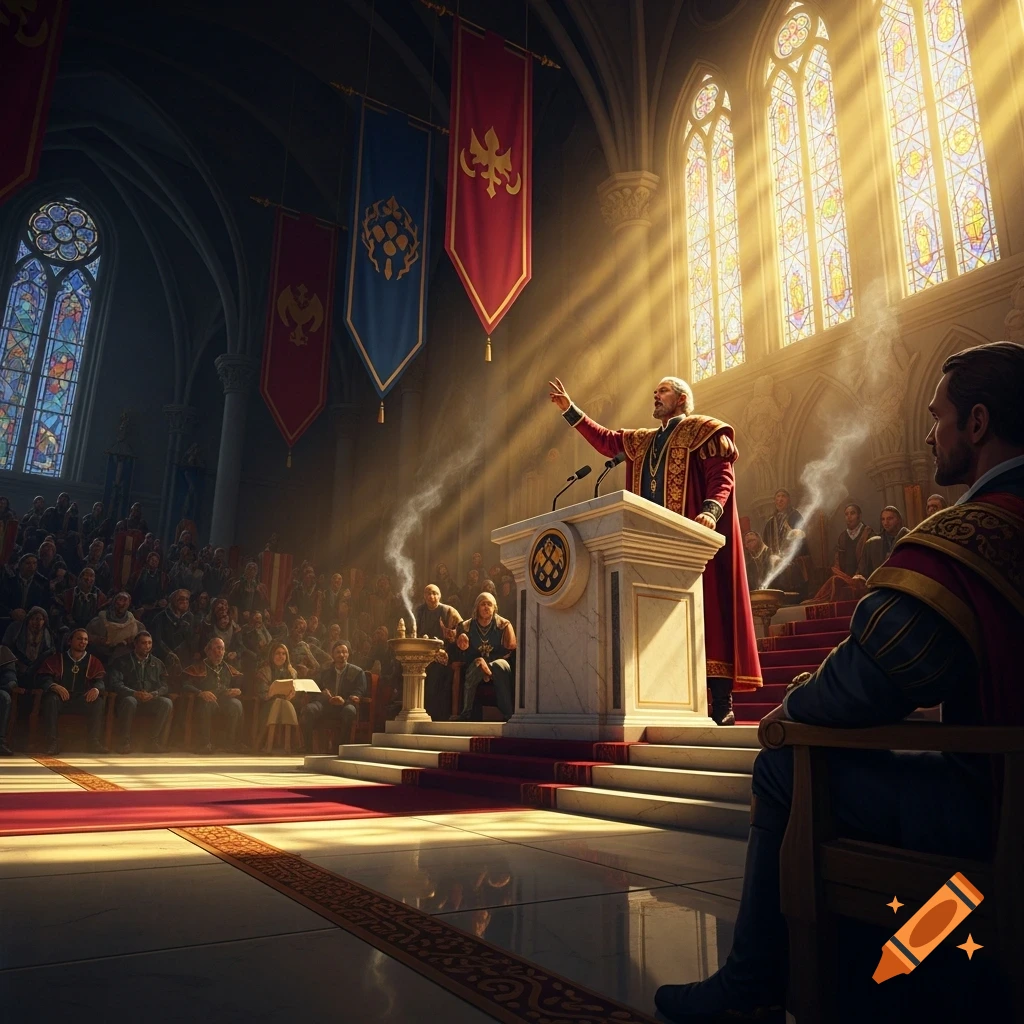 A man in historical robes speaks from a podium in a grand, sunlit hall with stained-glass windows and an audience.