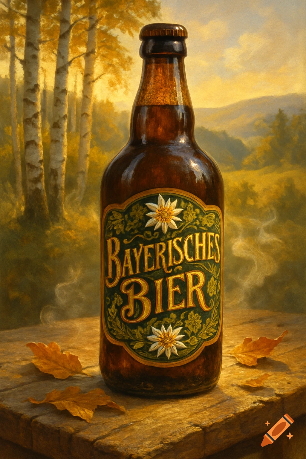 A painterly image of a beer bottle with a 'Bayerisches Bier' label on a rustic wooden table with autumn leaves and birch trees in the background.
