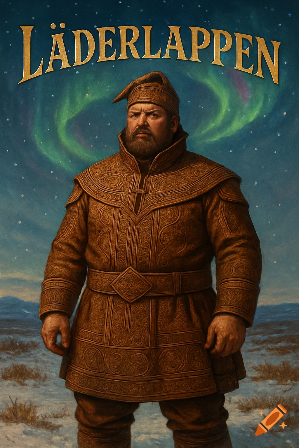 A stern-faced, bearded man in ornate brown leather armor and cap stands in a snowy arctic landscape under the northern lights. Gold text reads 'LÄDERLAPPEN'.