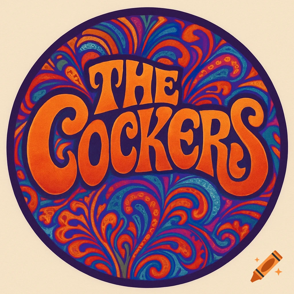 A vibrant psychedelic circular logo features orange, bubble-lettered text reading 'THE COCKERS' against a background of swirling blue, red, and purple patterns.