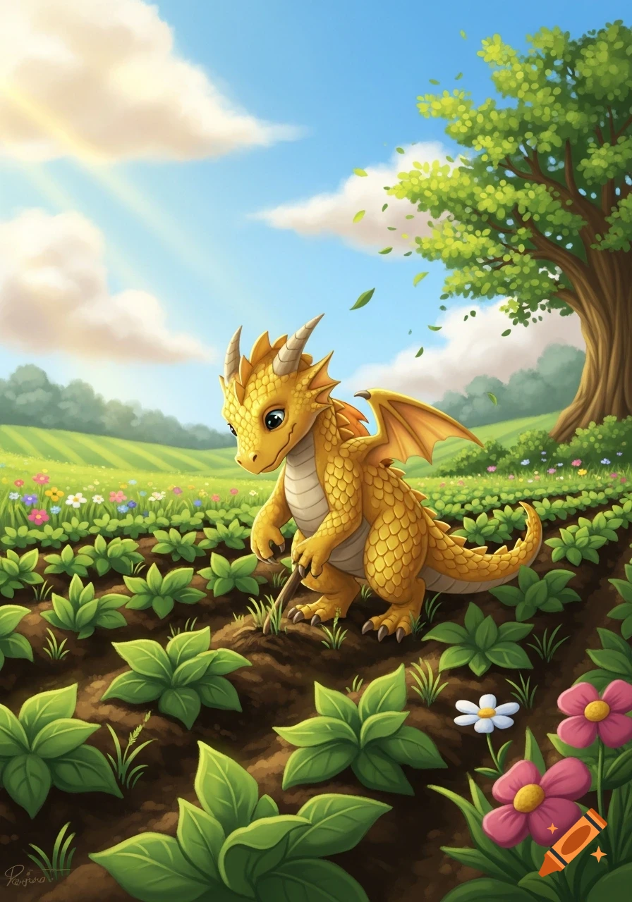 A cute, cartoonish yellow baby dragon uses a tool to farm in a vibrant green field under a sunny blue sky with a large tree.