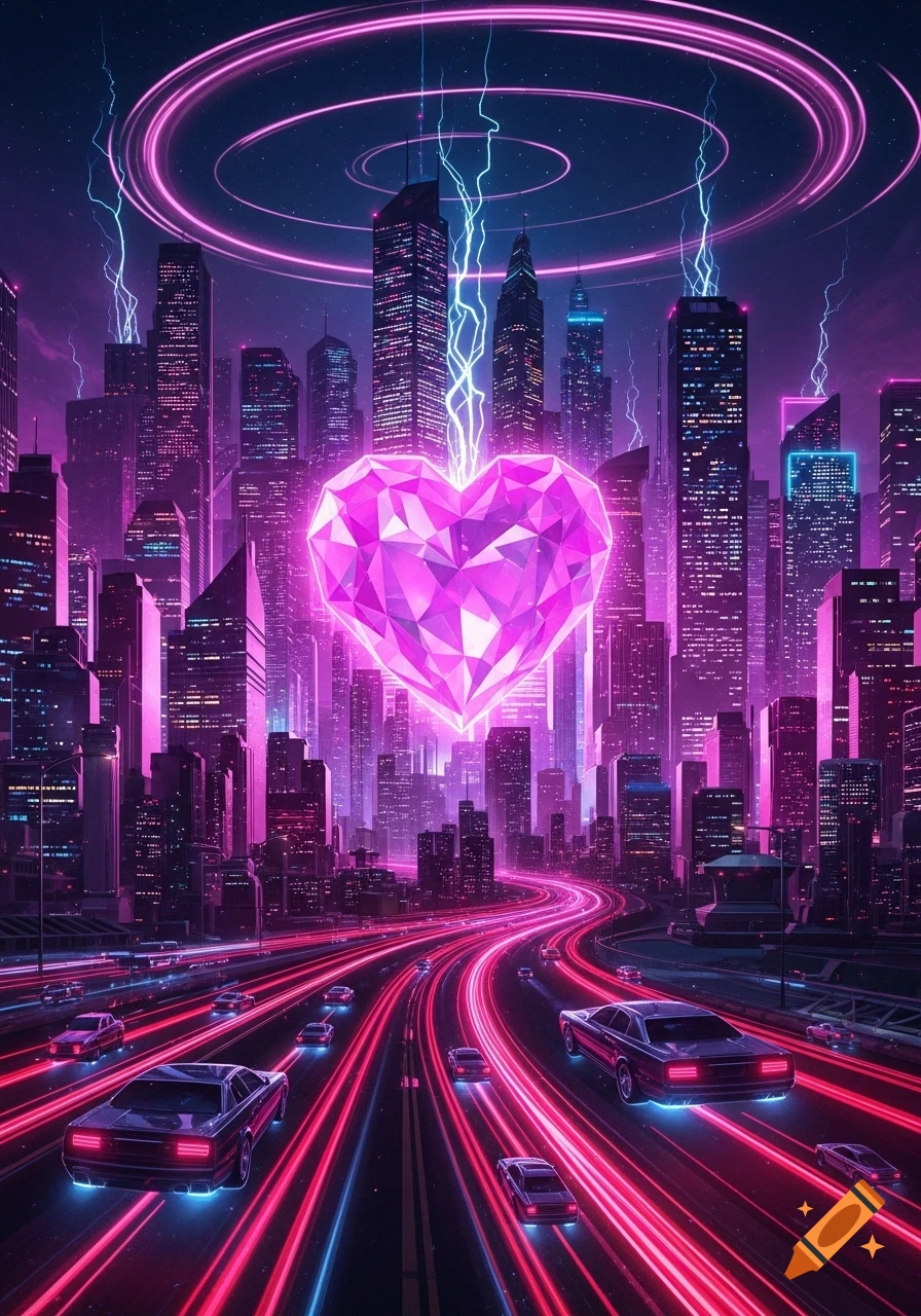 A vibrant cyberpunk city at night with a glowing pink crystal heart, and neon light trails from cars on a highway.