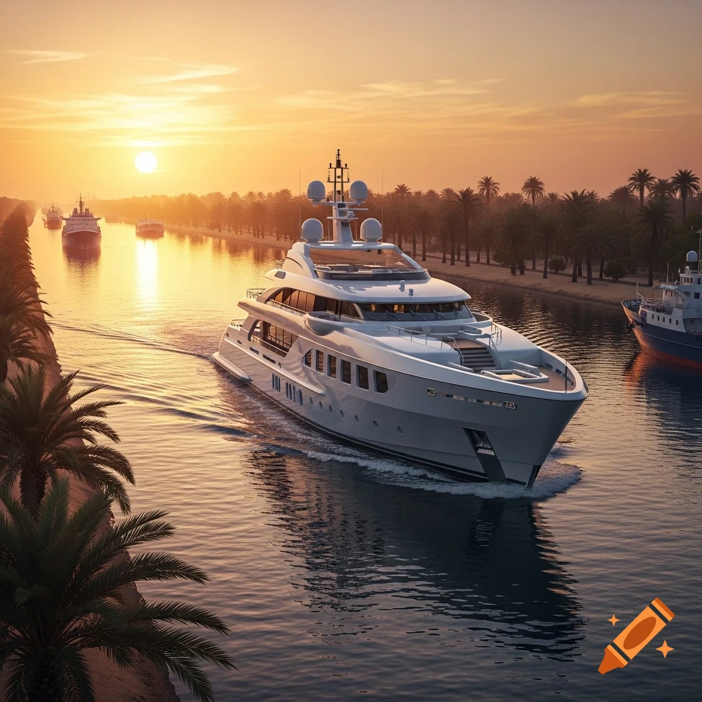 A large superyacht sails down a canal lined with palm trees at sunset, with other ships in the distance.