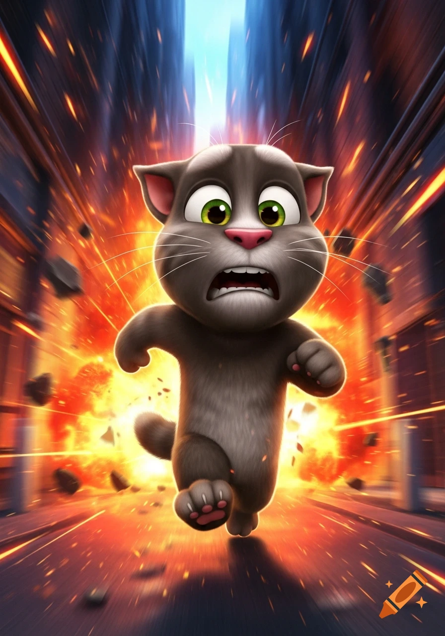 Talking Tom, a gray cartoon cat, runs in fear from a large orange explosion filling a narrow alleyway behind him.