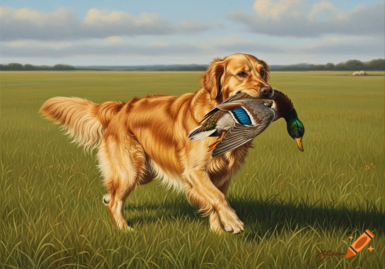 A realistic oil painting of a Golden Retriever trotting through a grassy field, holding a retrieved duck in its mouth.