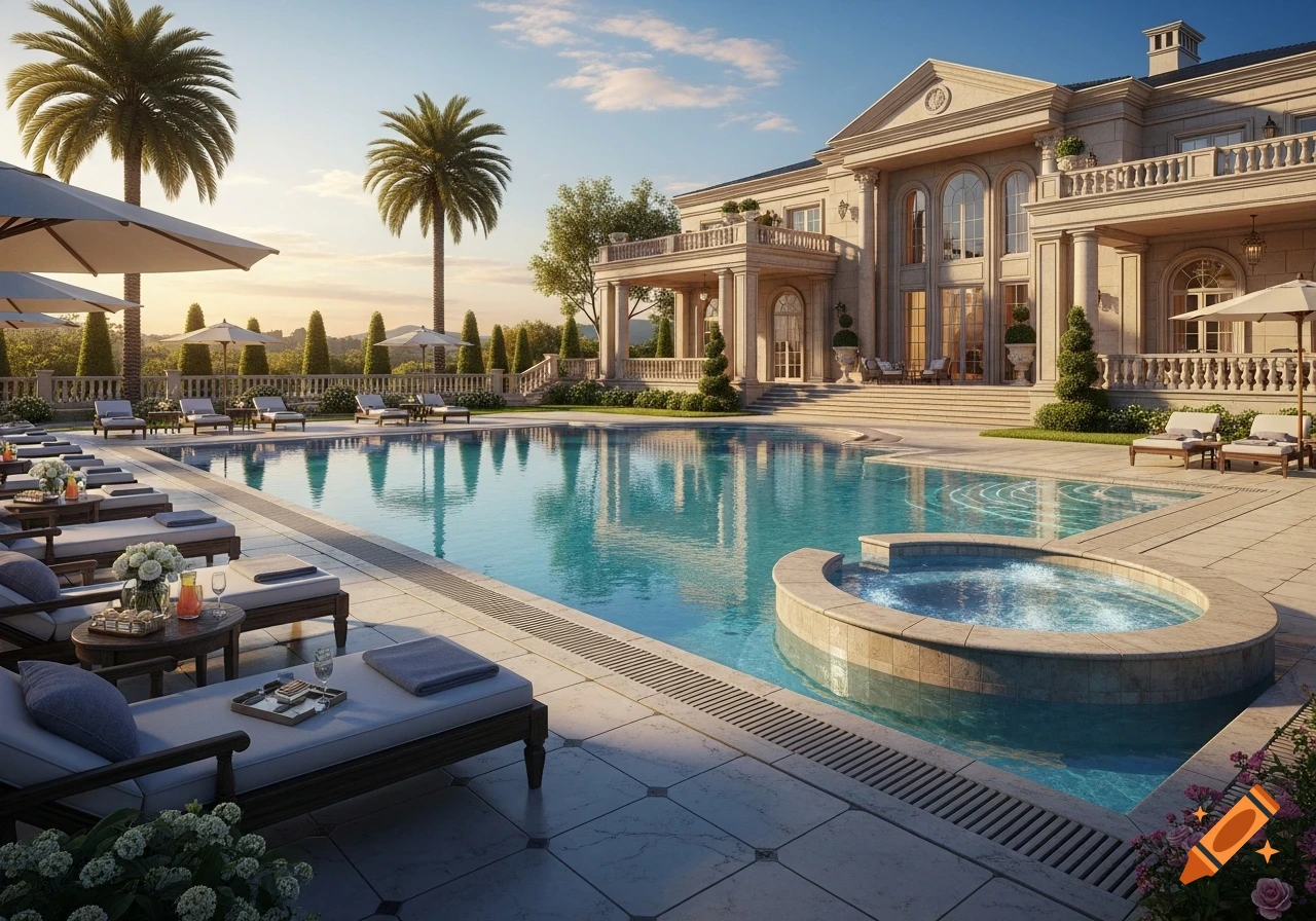A grand, luxurious mansion with a large swimming pool and a spa, surrounded by palm trees under a sunny sky.