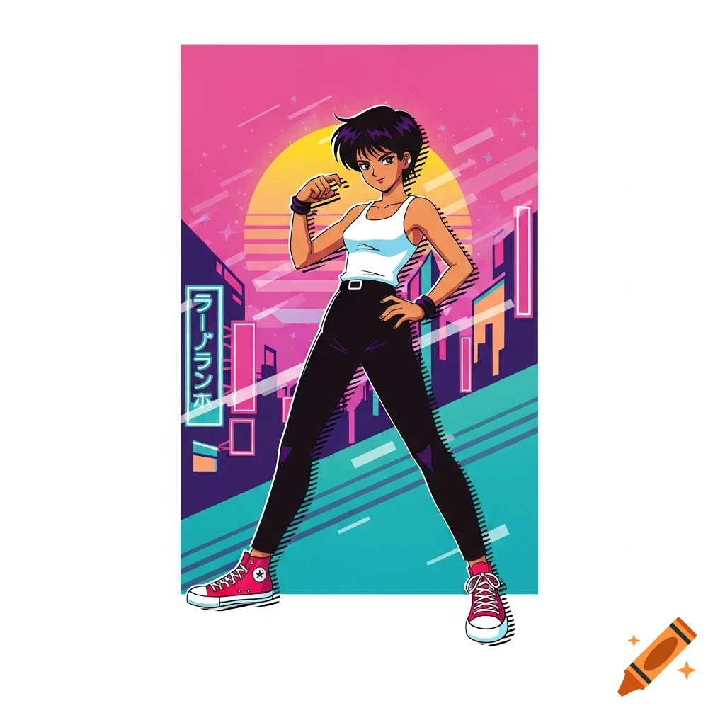An 80s retro anime illustration of a tan tomboy with short dark hair, wearing a white tank top, black pants, and red high-top sneakers, flexing in front of a city sunset.