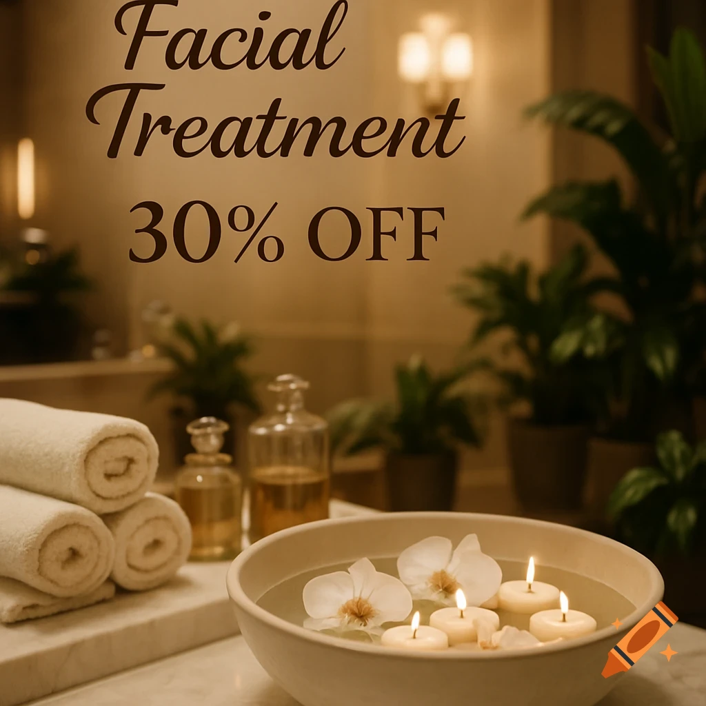 Spa setup with text 'Facial Treatment 30% OFF', featuring a bowl with floating candles and orchids, rolled towels, and oil bottles.