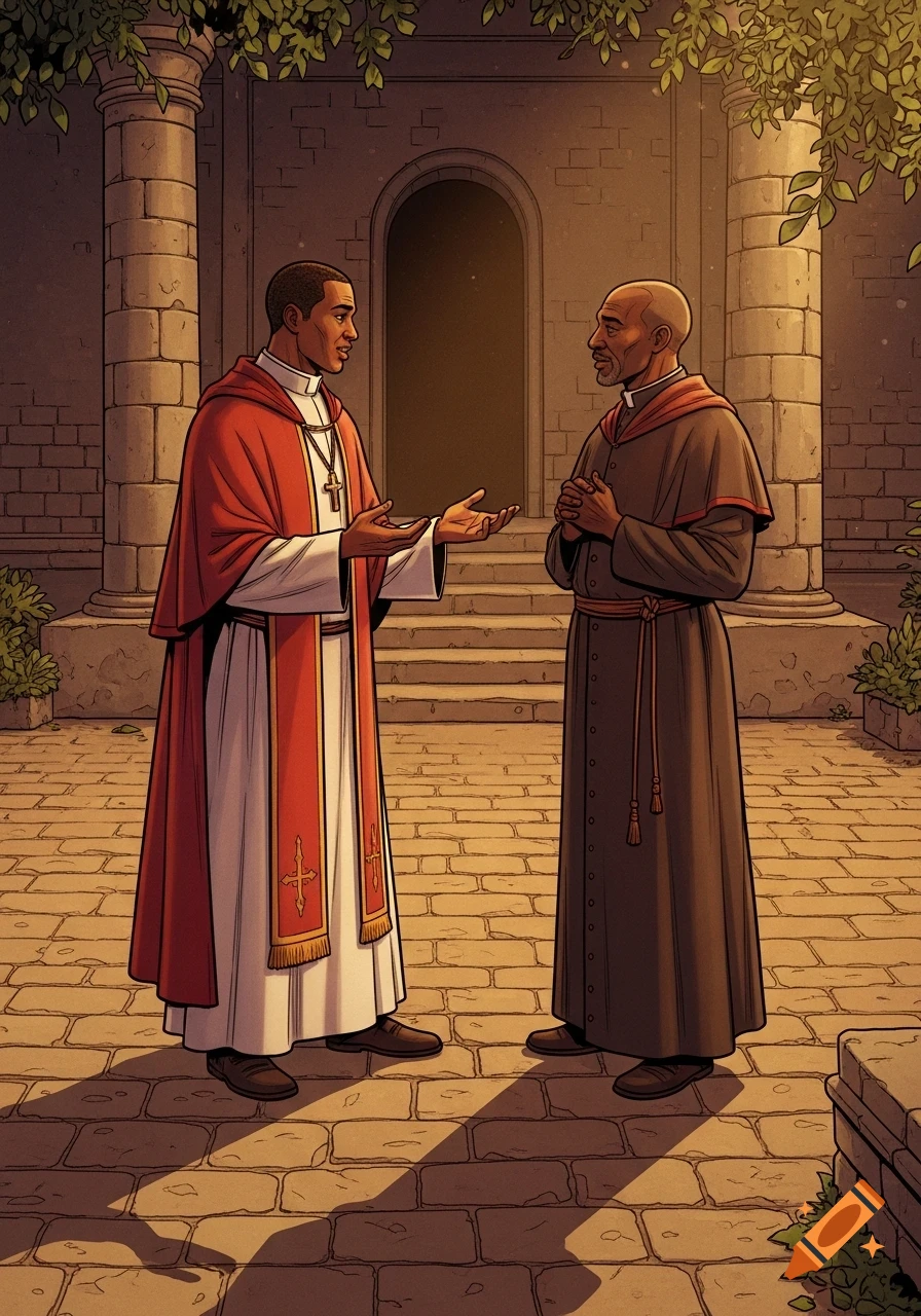 Graphic novel illustration of a priest in red and white robes conversing with another man in a brown robe outside a stone building.