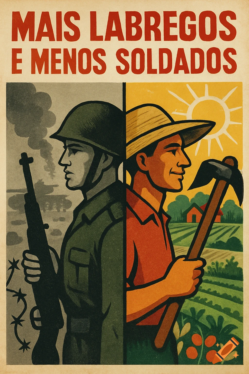 A propaganda poster split down the middle. Left side: a soldier in a war zone. Right side: a farmer in a field under a sunny sky. Text: "MAIS LABREGOS E MENOS SOLDADOS".