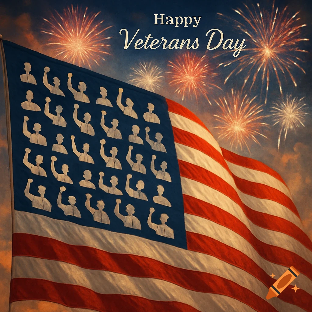 A waving American flag with white figures raising fists instead of stars, set against a sky with fireworks and "Happy Veterans Day" text.