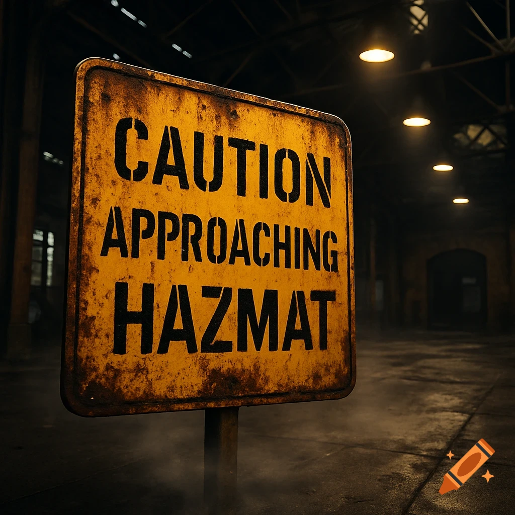 A rusty yellow warning sign reading "CAUTION APPROACHING HAZMAT" in a dark, hazy industrial building.