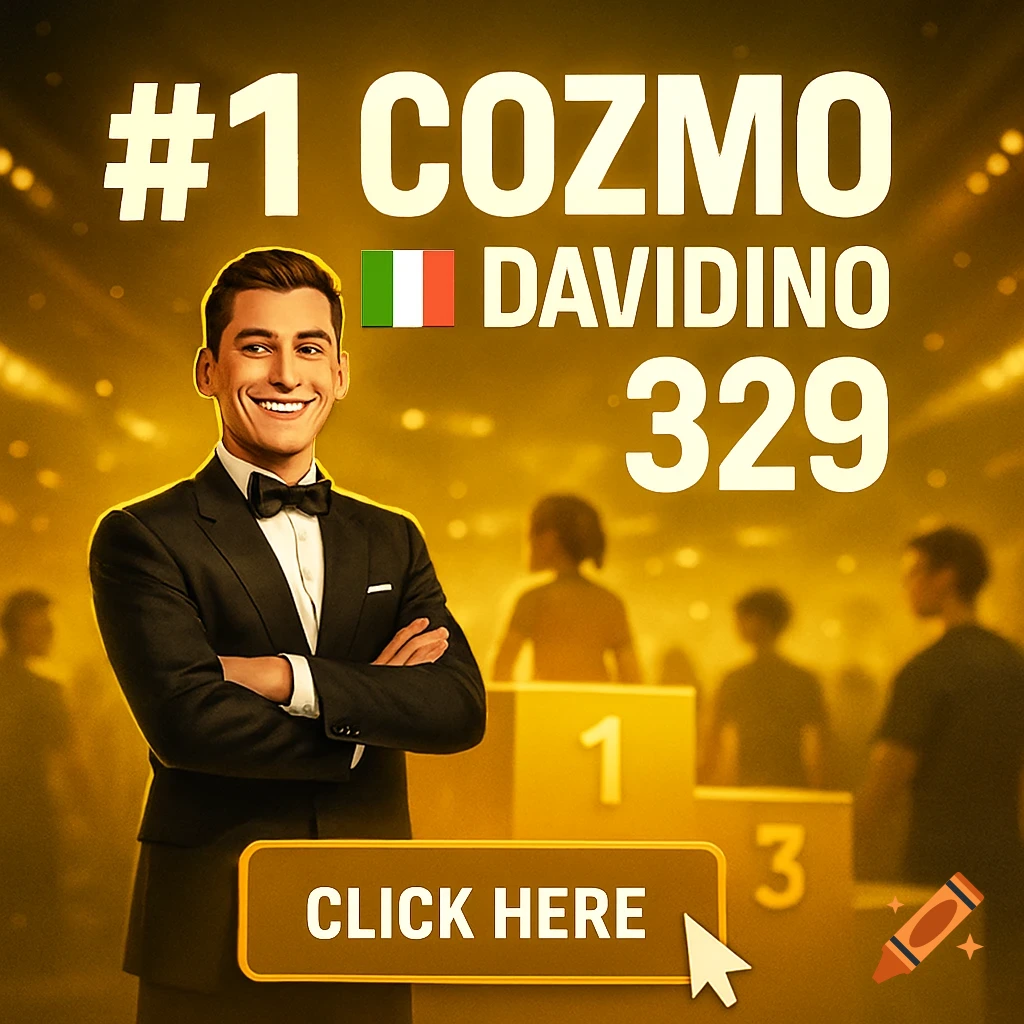 A man in a tuxedo smiles against a golden, spotlighted background with a number one podium. Large text reads "#1 COZMO DAVIDINO 329" with an Italian flag. A "CLICK HERE" button with a cursor is at the bottom.