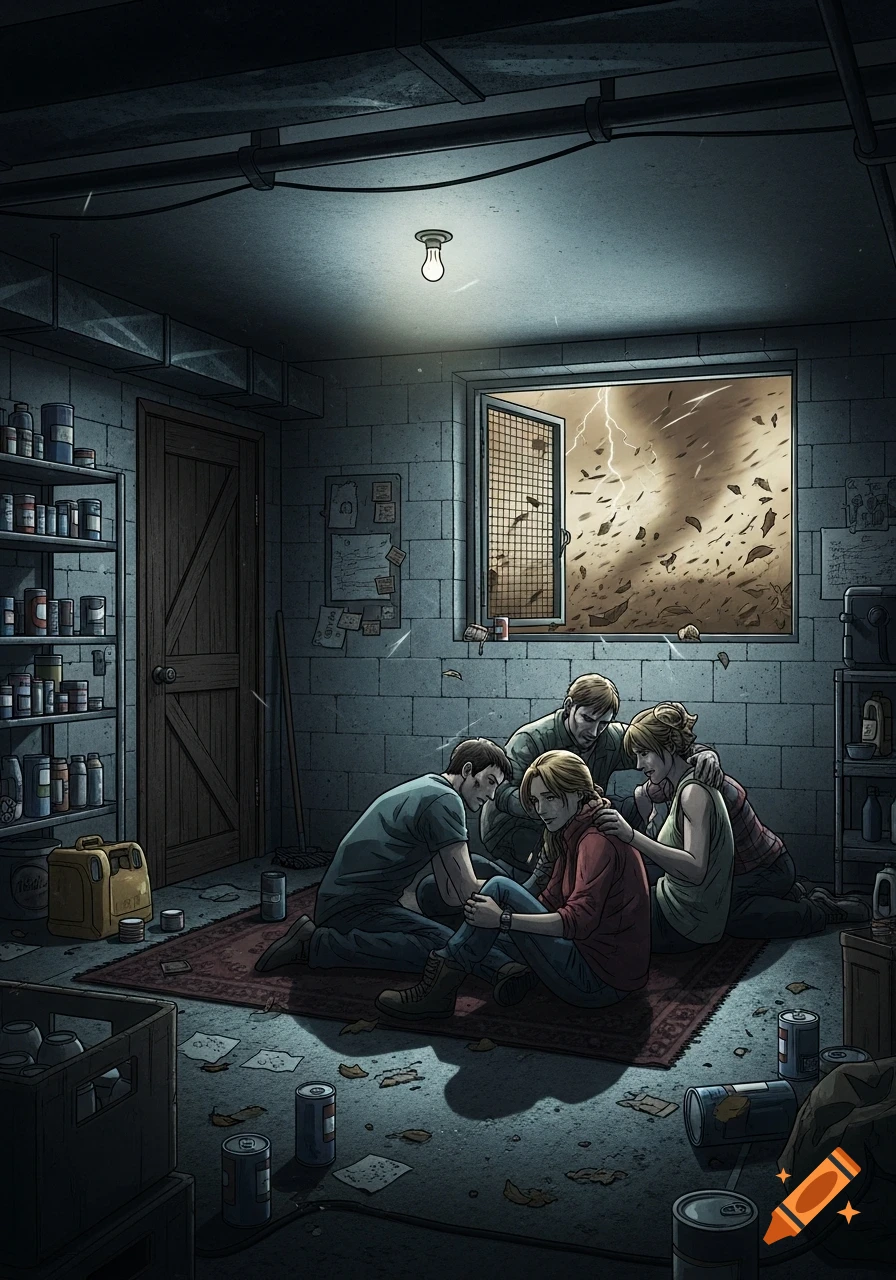 Four people huddle in a dark, messy basement while a severe windstorm or tornado rages outside a window, illustrated in a comic art style.