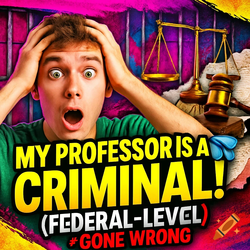 A man with wide eyes and open mouth, hands on his head, against a backdrop of prison bars, scales of justice, and a gavel. Large text reads "MY PROFESSOR IS A CRIMINAL! (FEDERAL-LEVEL) # GONE WRONG" in a clickbait style.