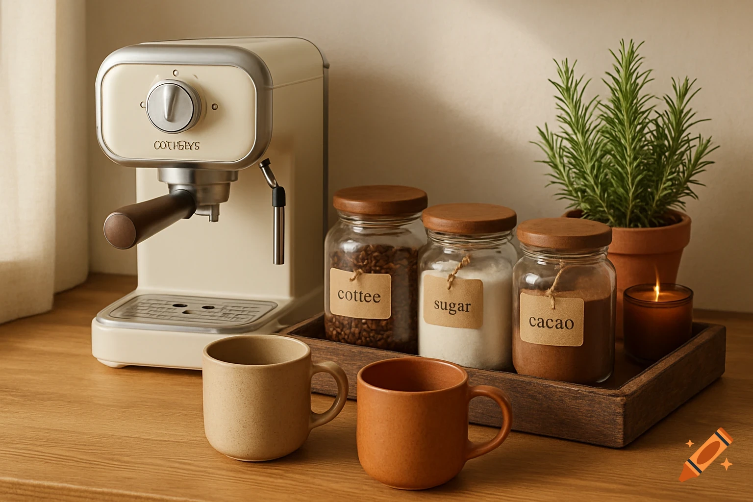 A rustic coffee station with a cream espresso machine, labelled jars of coffee, sugar, cacao, and two ceramic mugs on a wood counter.