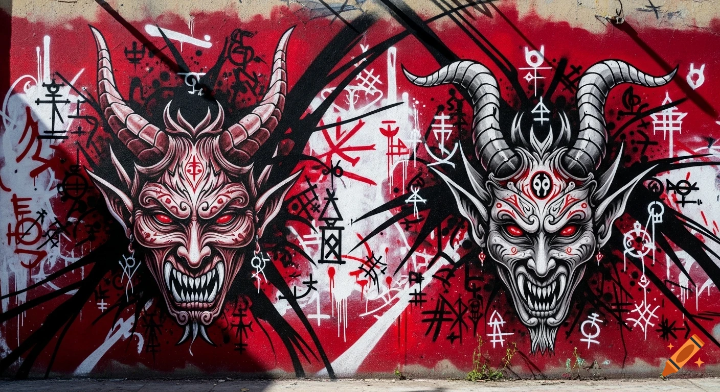Red, white, and black graffiti on a concrete wall features two stylized demonic faces with glowing red eyes and horns, surrounded by occult symbols.