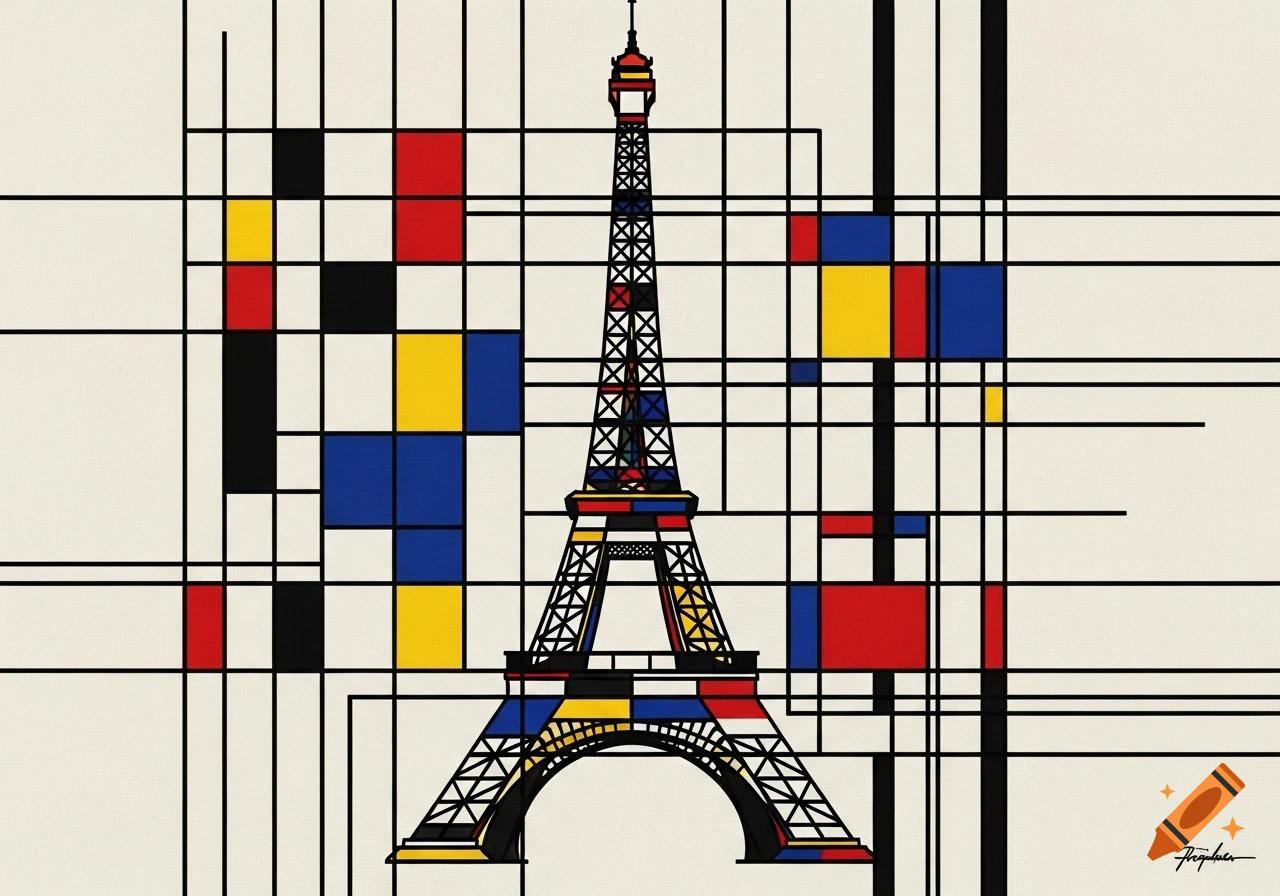 Eiffel Tower rendered in the geometric abstract style of Piet Mondrian, with black lines and blocks of red, blue, and yellow on a cream background.