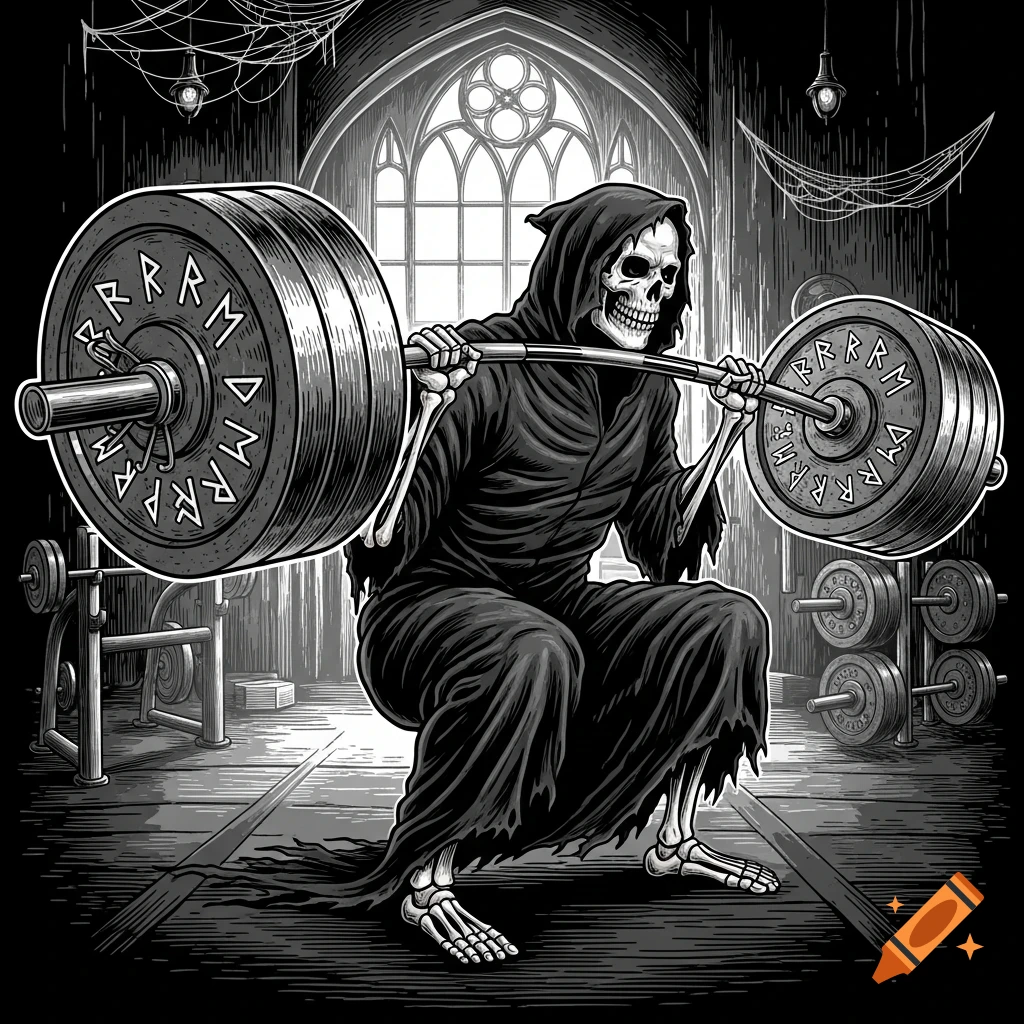 Grim Reaper in a black cloak performing a heavy barbell squat in a gothic gym with arched windows, in an old engraving style, grayscale.
