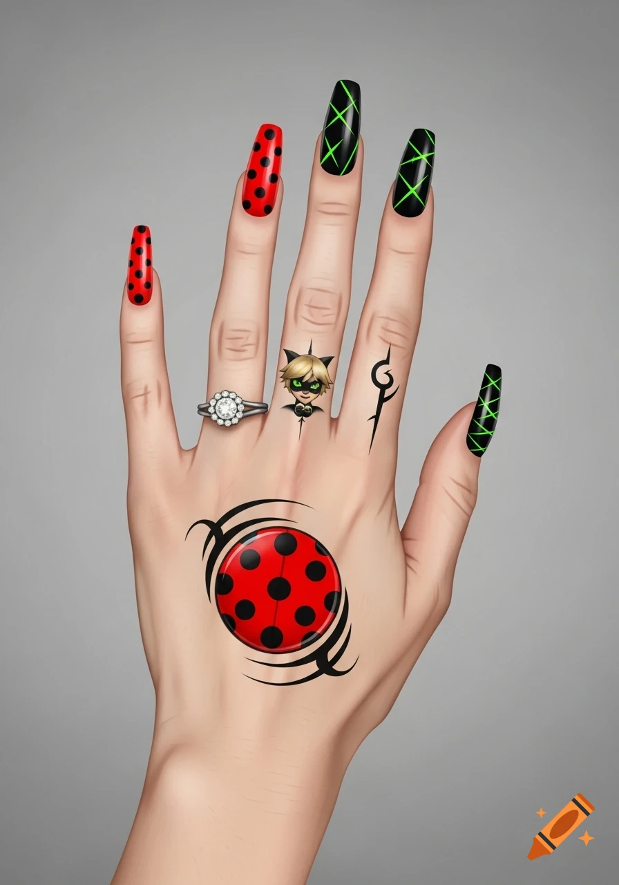 A right hand with long, stylized nails painted red with black polka dots and black with green crosshatch patterns, adorned with a ring and tattoos of a Ladybug logo and Cat Noir's head.