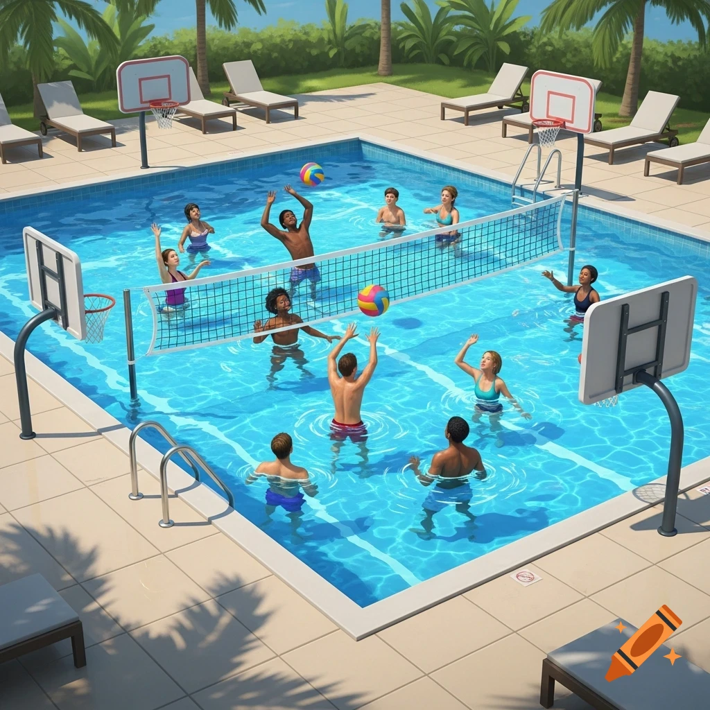 People playing water volleyball and basketball in a bright blue swimming pool surrounded by lounge chairs and palm trees.