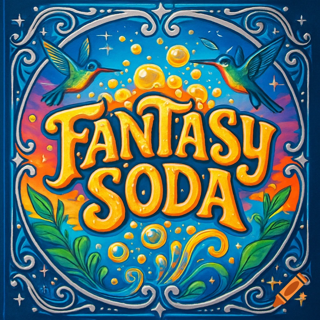 Colorful, ornate illustration of a 'FANTASY SODA' label with two hummingbirds, bubbles, and decorative foliage on a blue background.