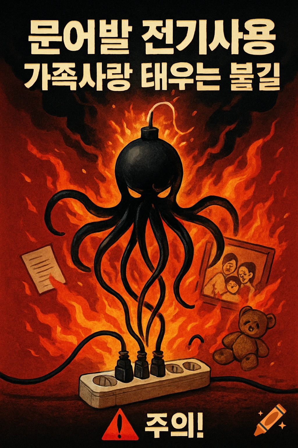 A vintage-style safety poster showing an octopus-like bomb plug causing an electrical fire that engulfs family photos and a teddy bear, with Korean warning text.