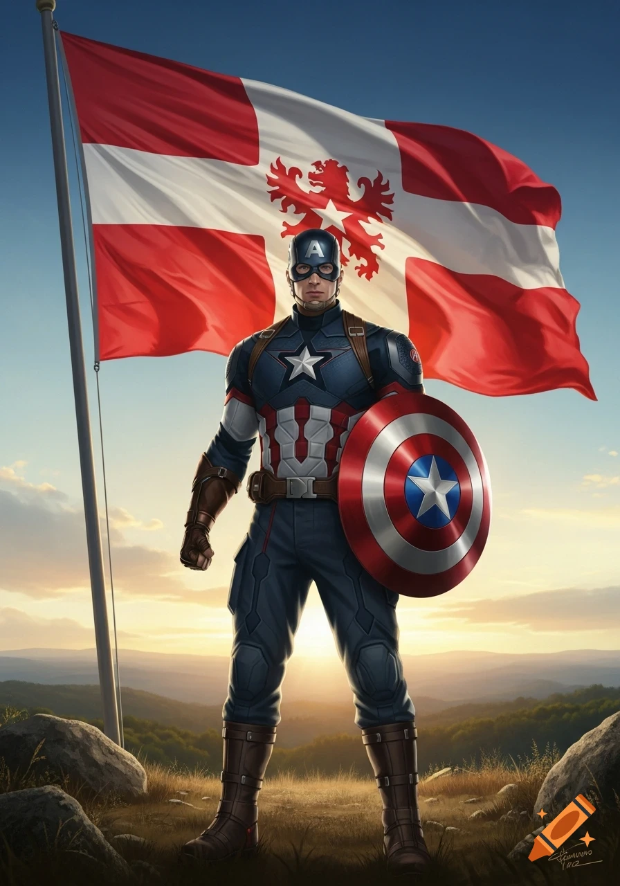 Captain America stands proudly in his suit with his shield, in front of a Franconian flag, at sunset over a mountainous landscape.