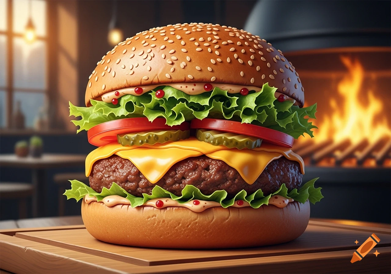 A juicy, stacked cheeseburger with lettuce, tomato, pickles, melted cheese, and a thick patty on a wooden board in a restaurant.